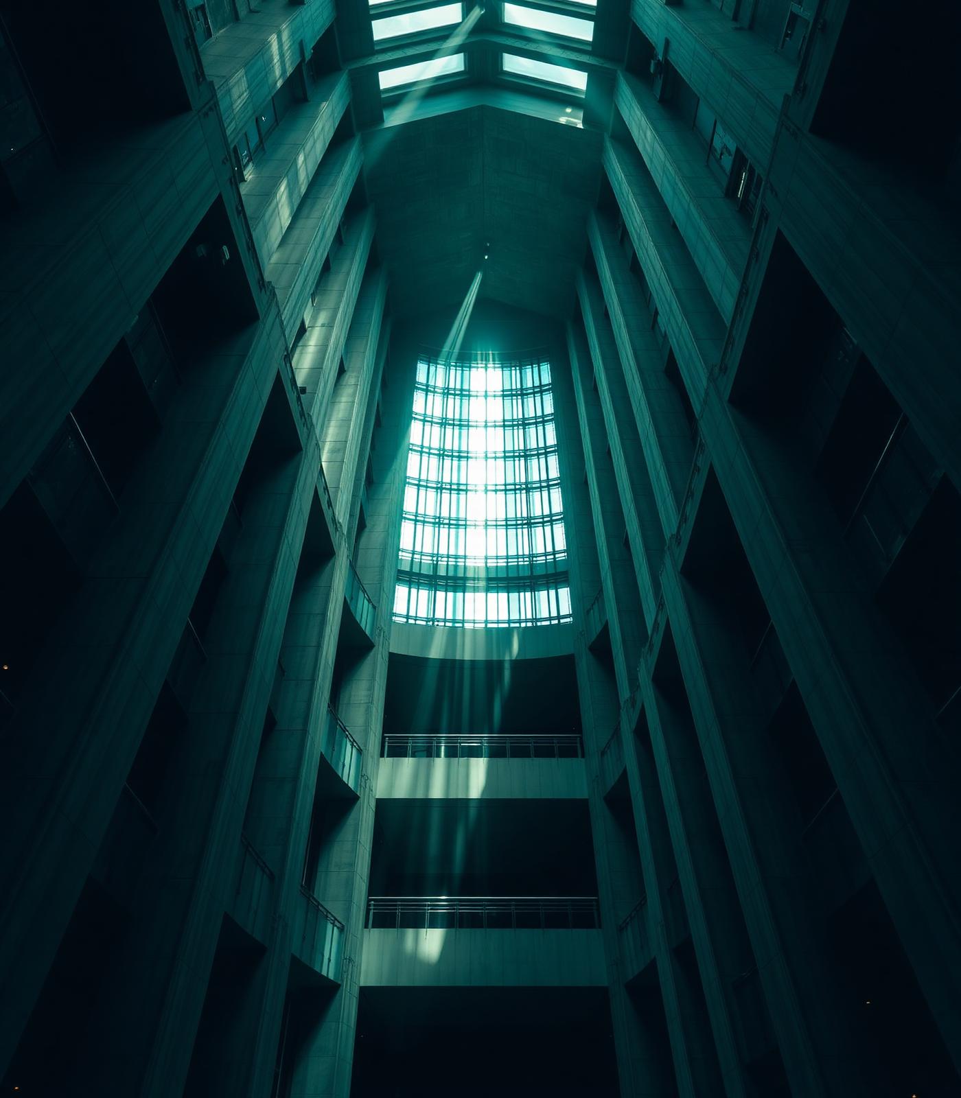Architectural atrium with light shafts, representing property discovery