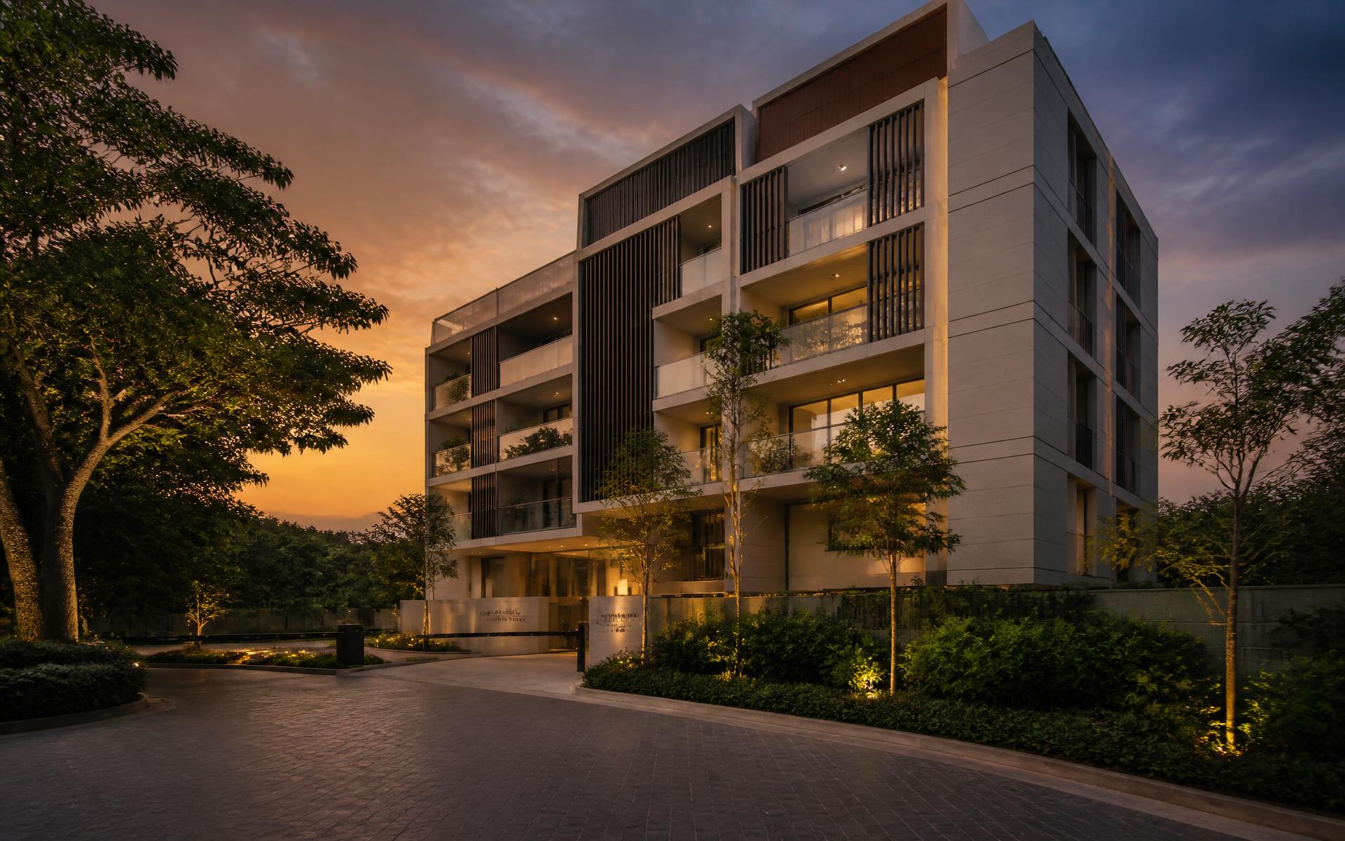 Premium residential architecture at dusk representing Dharti Enterprise property work in Gujarat